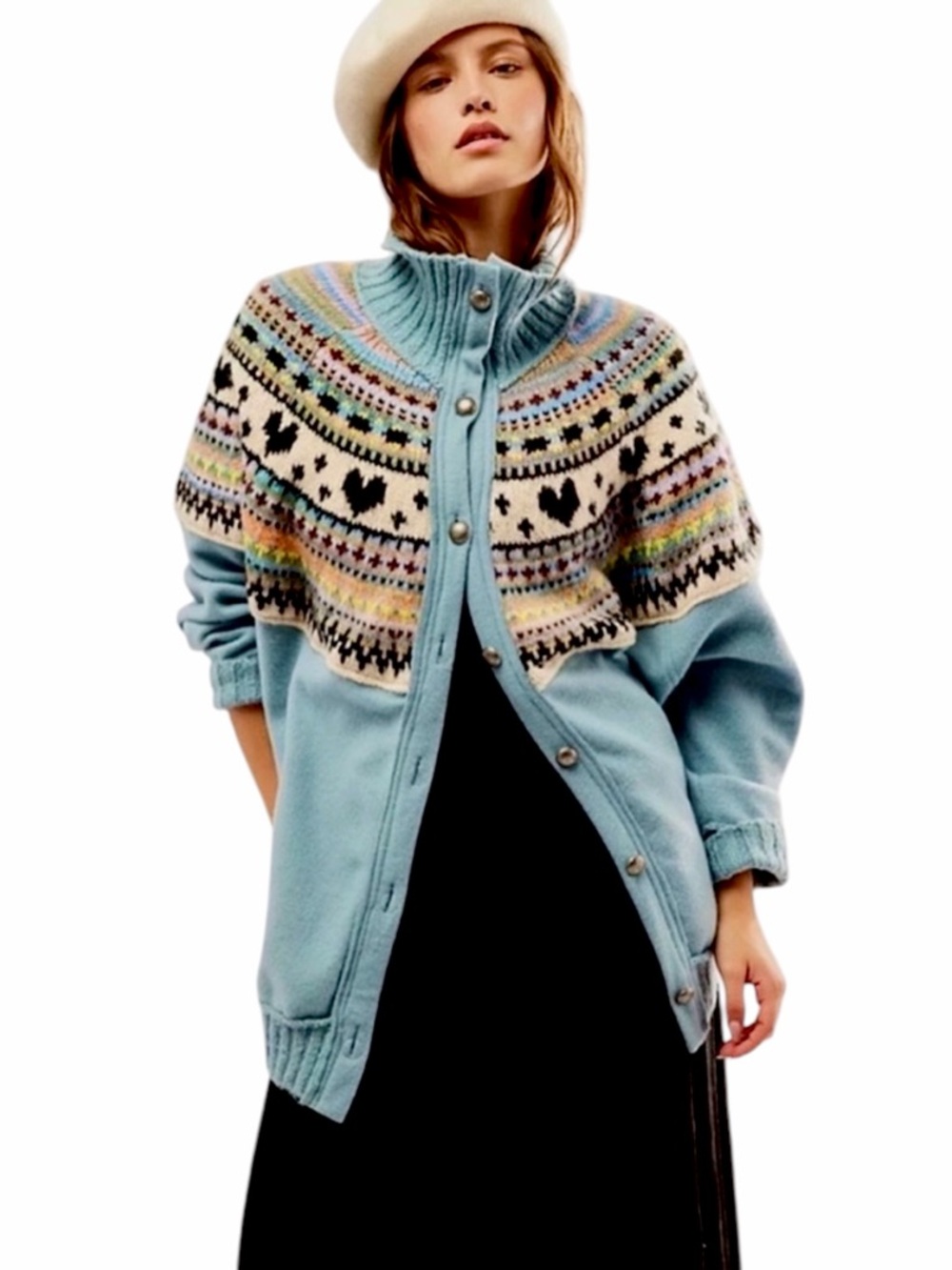 Free People - Emily Sweatshirt Fair Isle Heart Oversized Fleece Jacket - Sz. XS